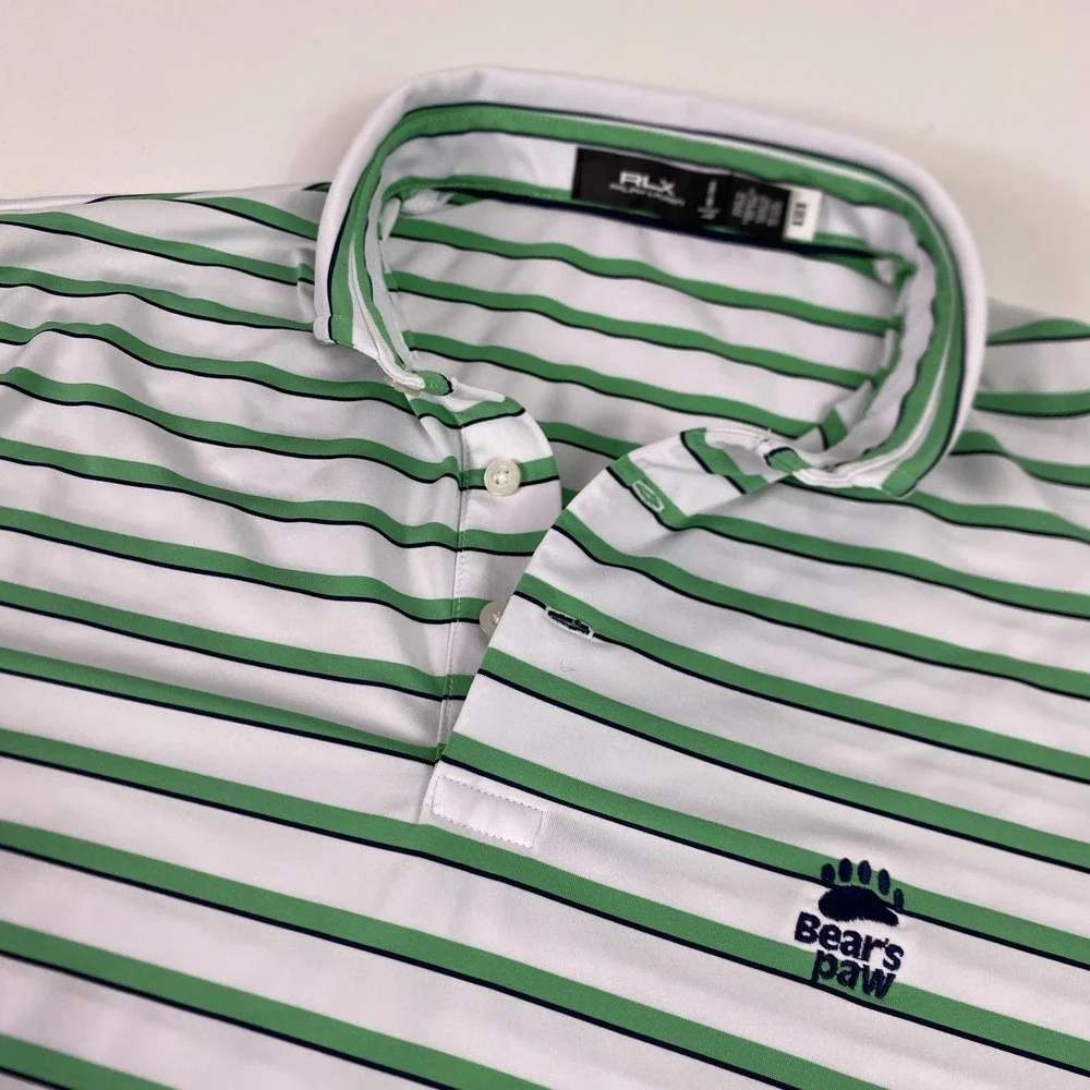 RLX Ralph Lauren Polo Shirt Mens Large White Green Stripe Performance Bear's Paw